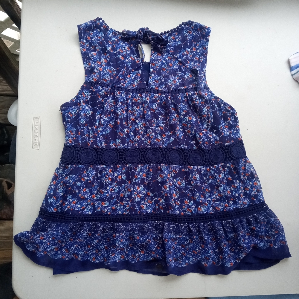 Daniel Rainn Blue Floral Boho Crochet Lace Trim Tank Top - Size Small - Picture 4 of 7